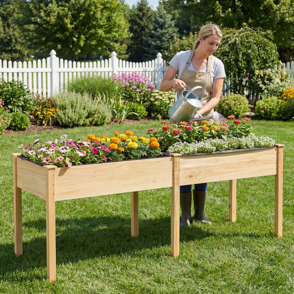 Fir Wood Raised Garden Bed 30" with Divider Panel - Natural
