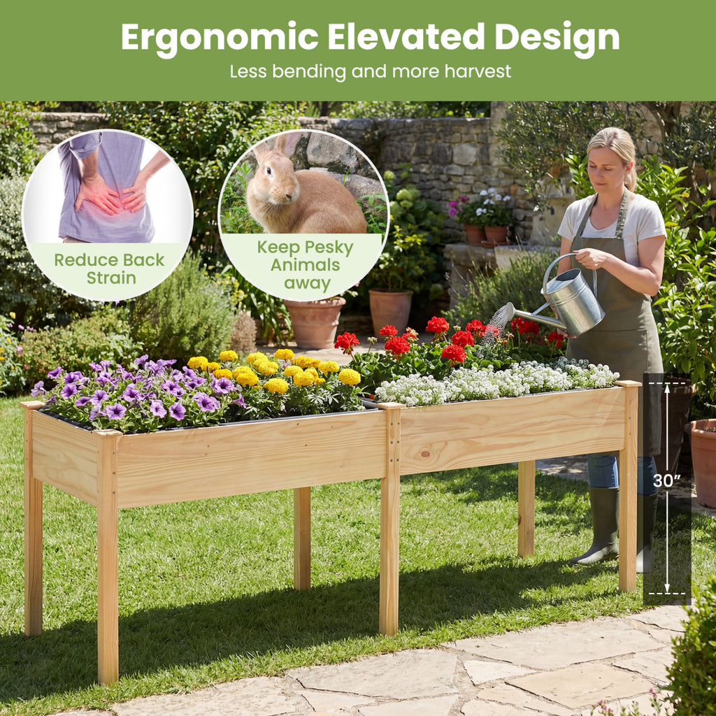 Fir Wood Raised Garden Bed 30" with Divider Panel - Natural