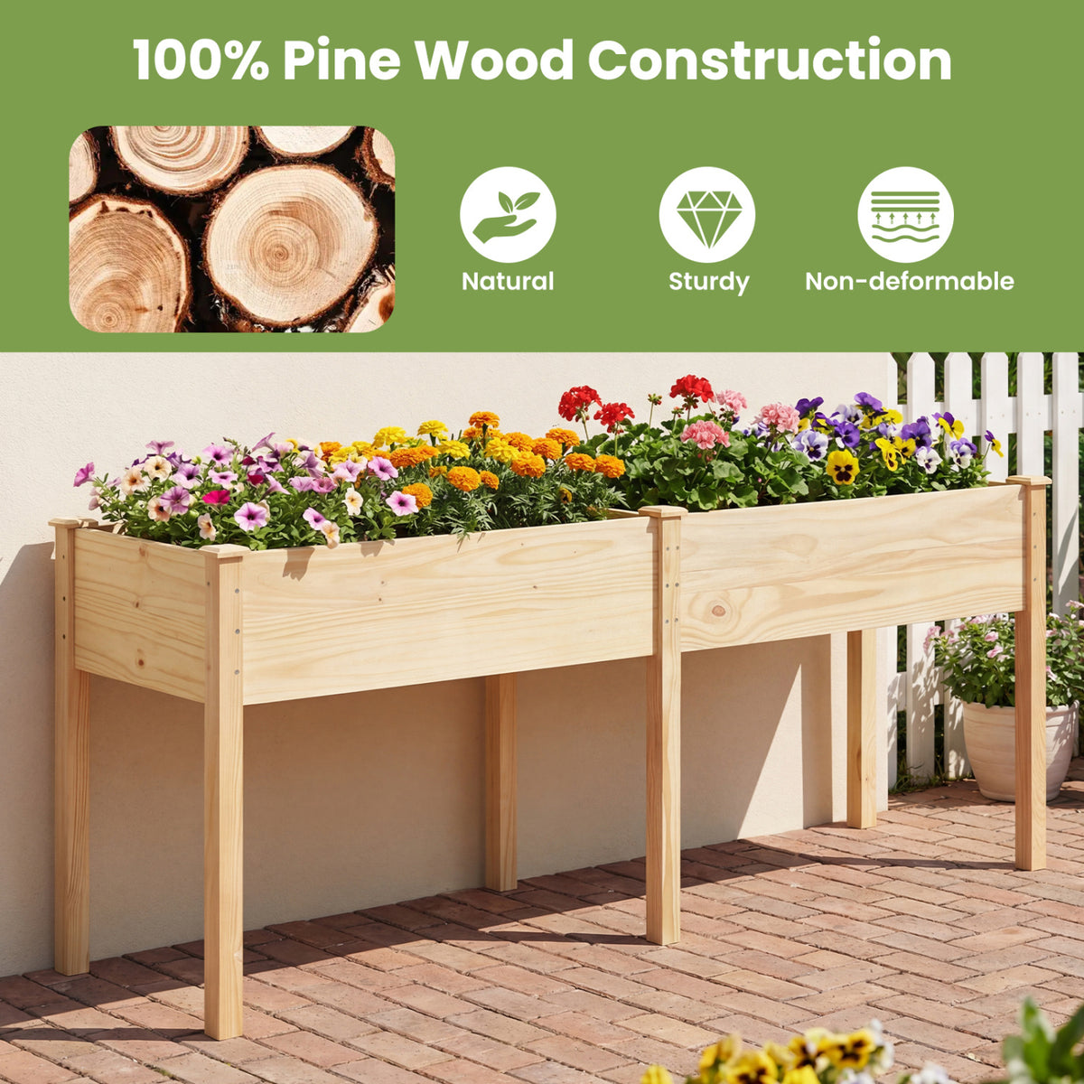 Fir Wood Raised Garden Bed 30" with Divider Panel - Natural