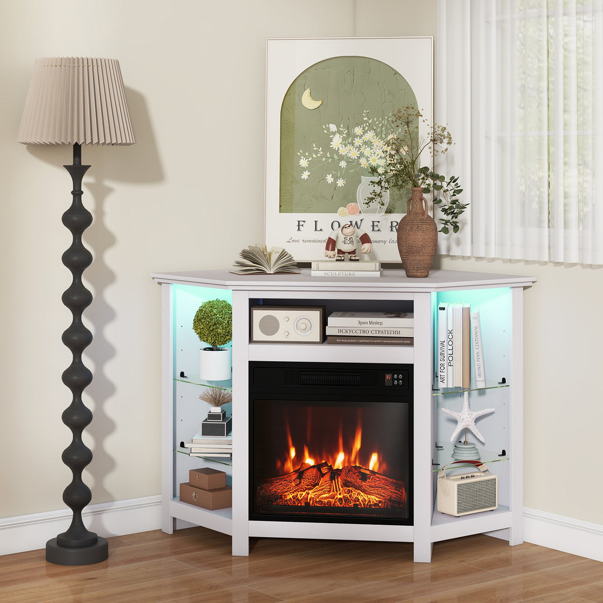 Fireplace Corner TV Stand for 50" TV with LED Lights and Smart Control - White