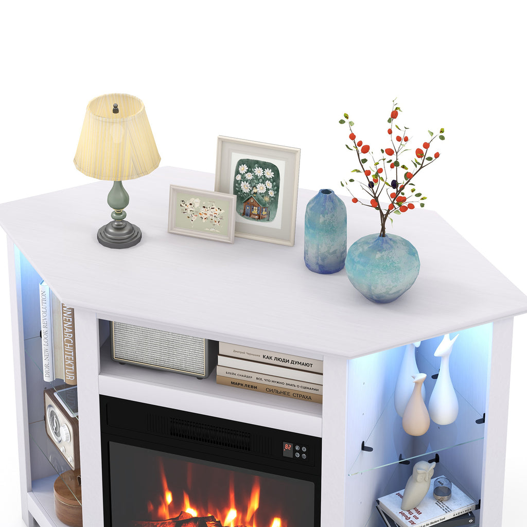 Fireplace Corner TV Stand for 50" TV with LED Lights and Smart Control - White