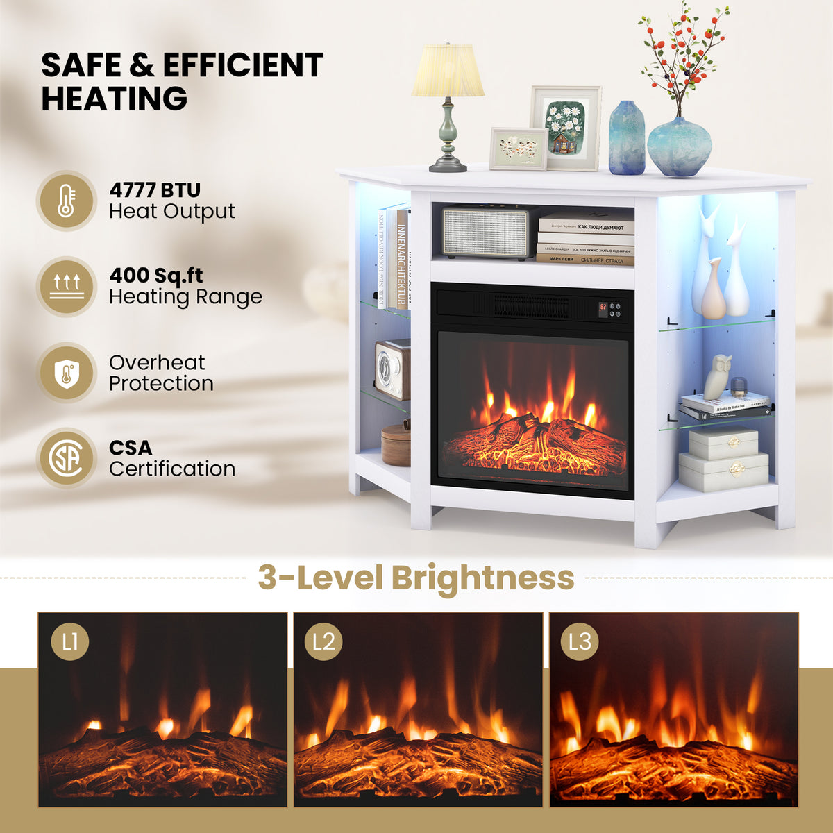 Fireplace Corner TV Stand for 50" TV with LED Lights and Smart Control - White