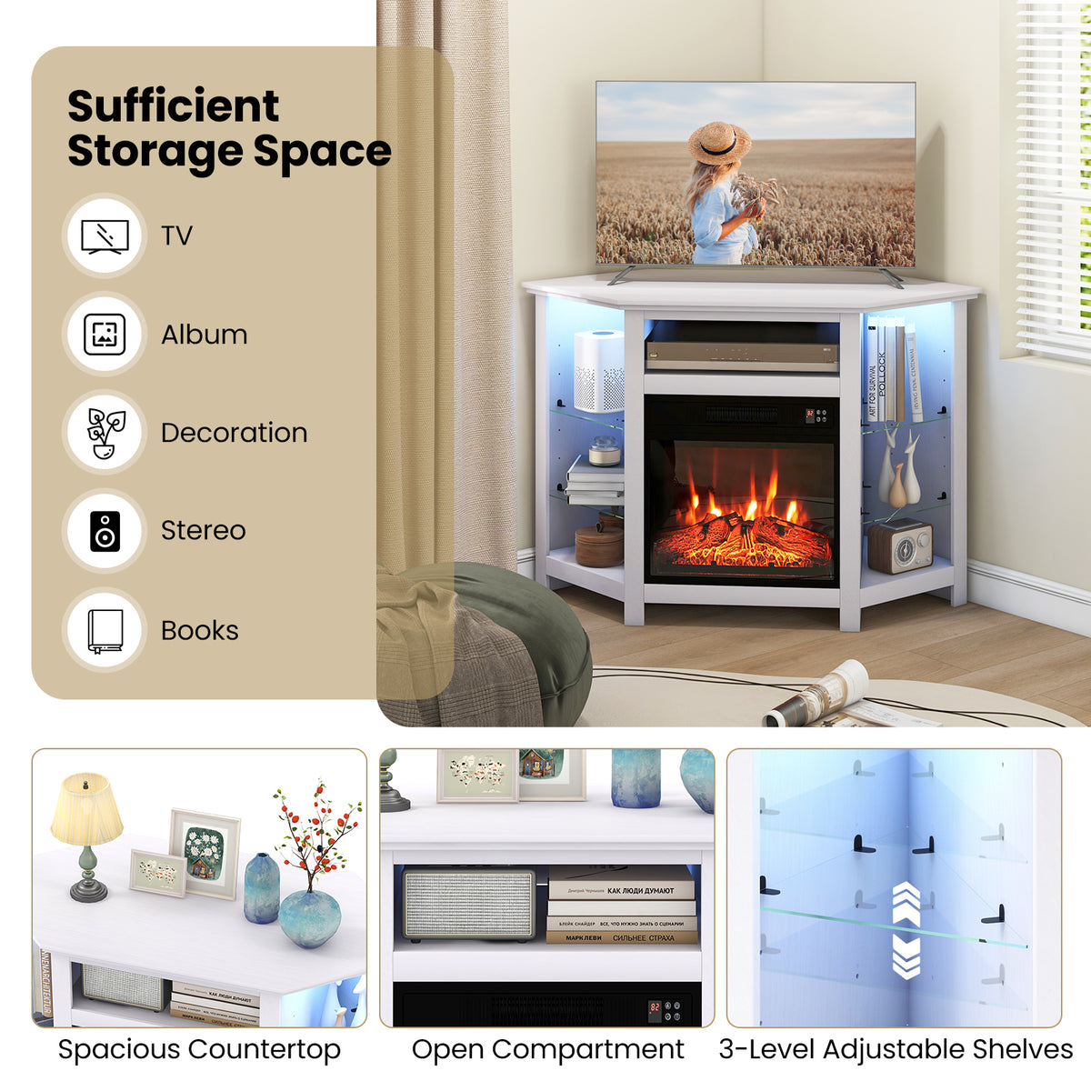 Fireplace Corner TV Stand for 50" TV with LED Lights and Smart Control - White