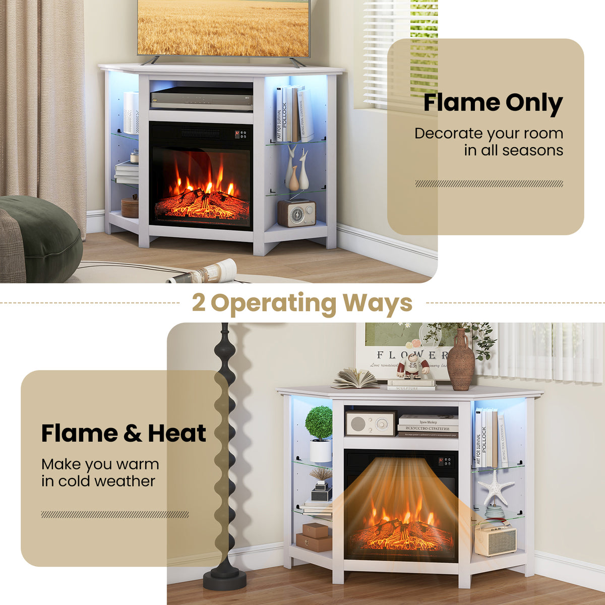Fireplace Corner TV Stand for 50" TV with LED Lights and Smart Control - White