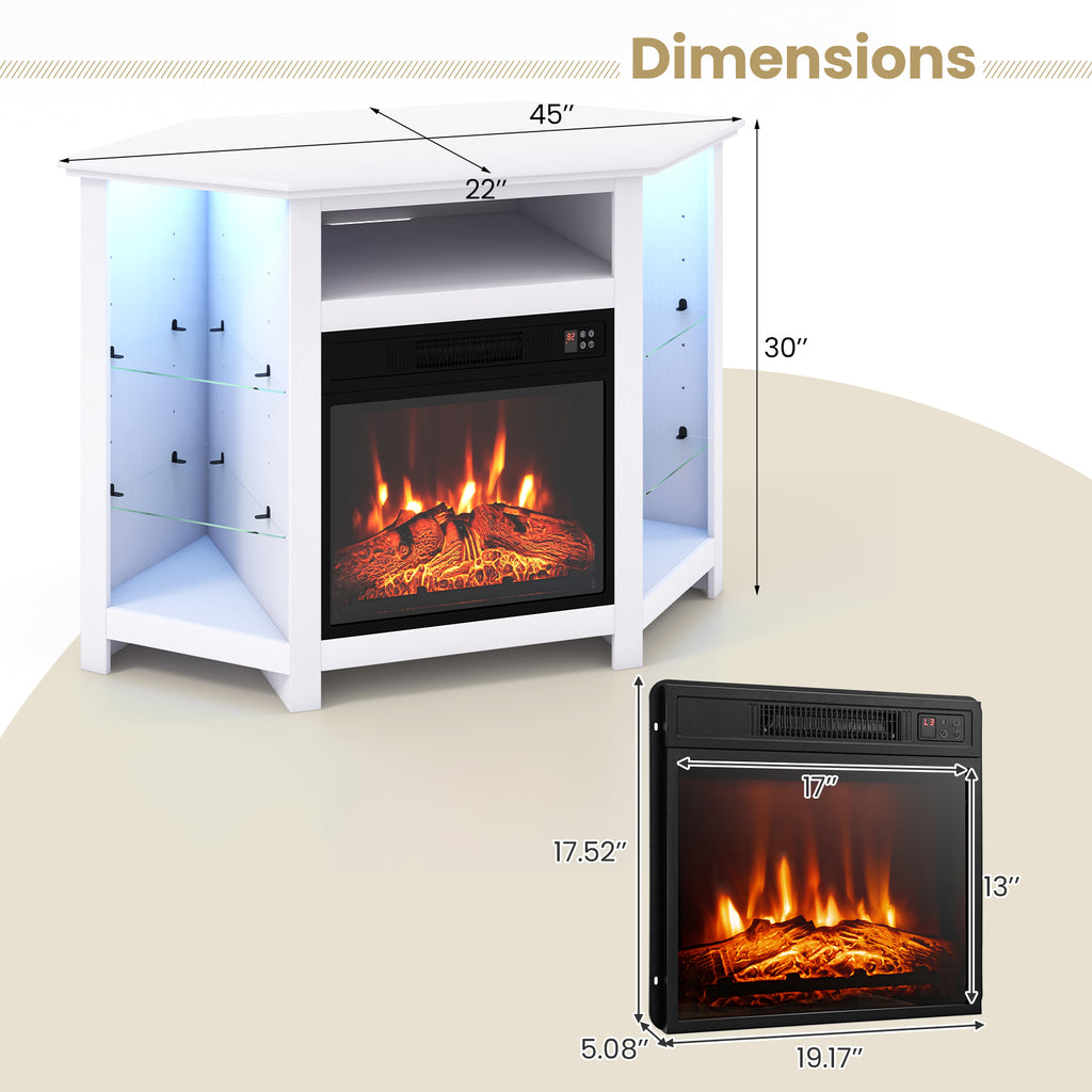 Fireplace Corner TV Stand for 50" TV with LED Lights and Smart Control - White