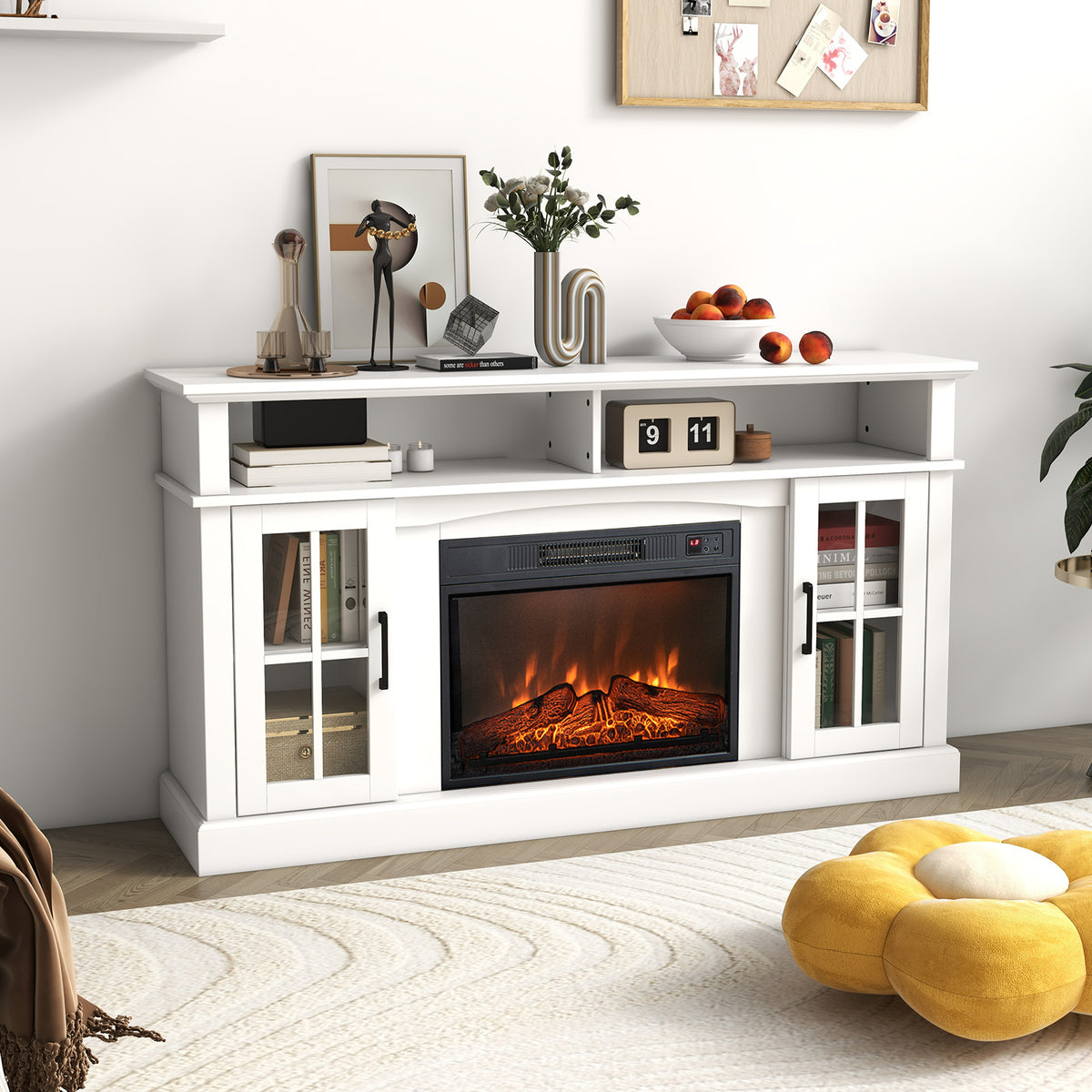 Fireplace TV Stand for 65-Inch TVs with Side Cabinets - White