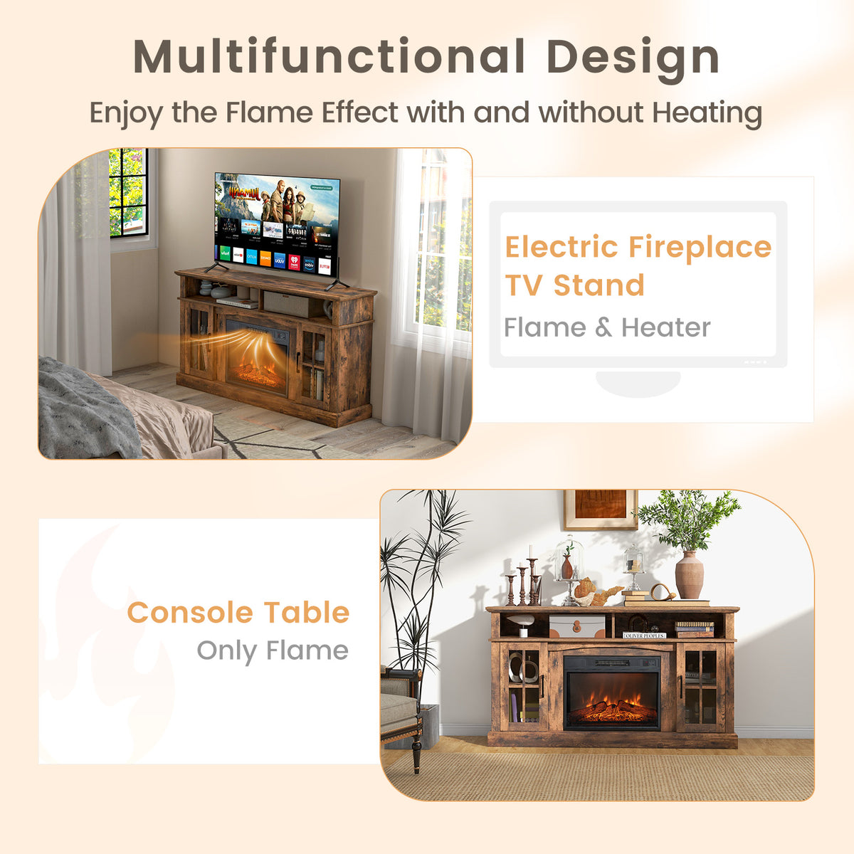 Fireplace TV Stand for TVs Up to 65 Inch with Side Cabinets, Brown