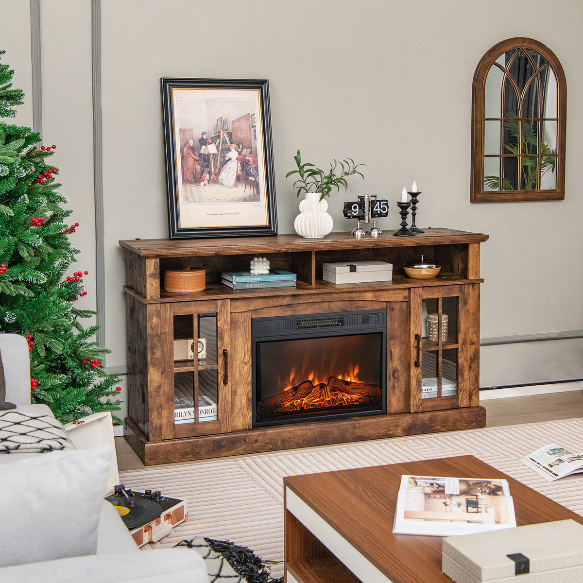 Fireplace TV Stand for TVs Up to 65 Inch with Side Cabinets, Brown