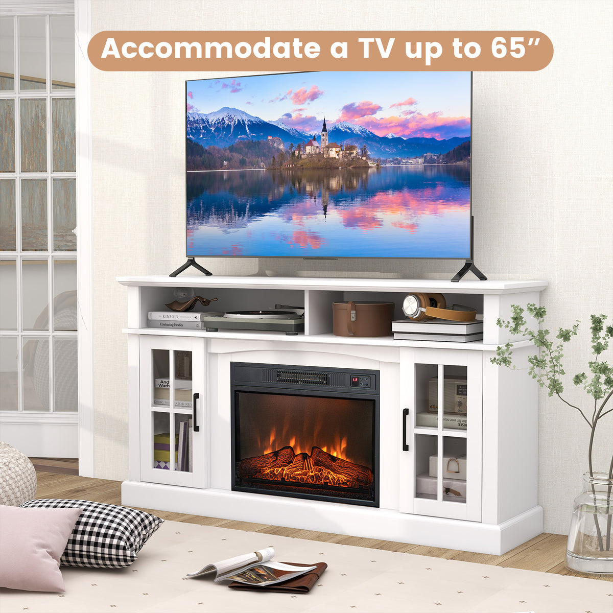 Fireplace TV Stand for 65-Inch TVs with Side Cabinets - White