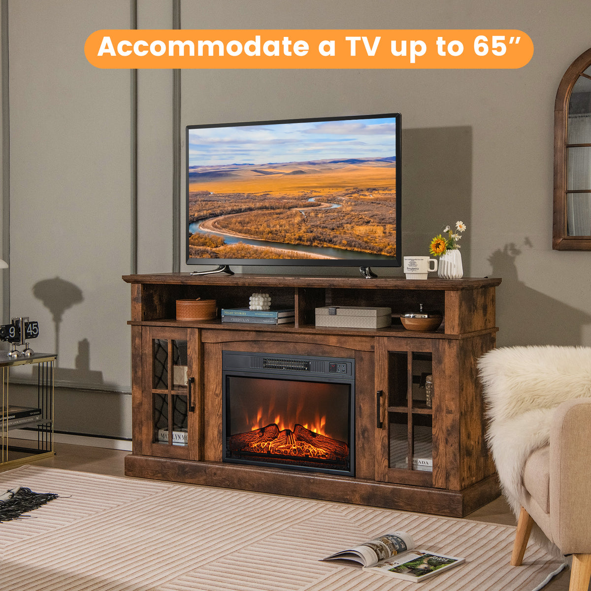 Fireplace TV Stand for TVs Up to 65 Inch with Side Cabinets, Brown
