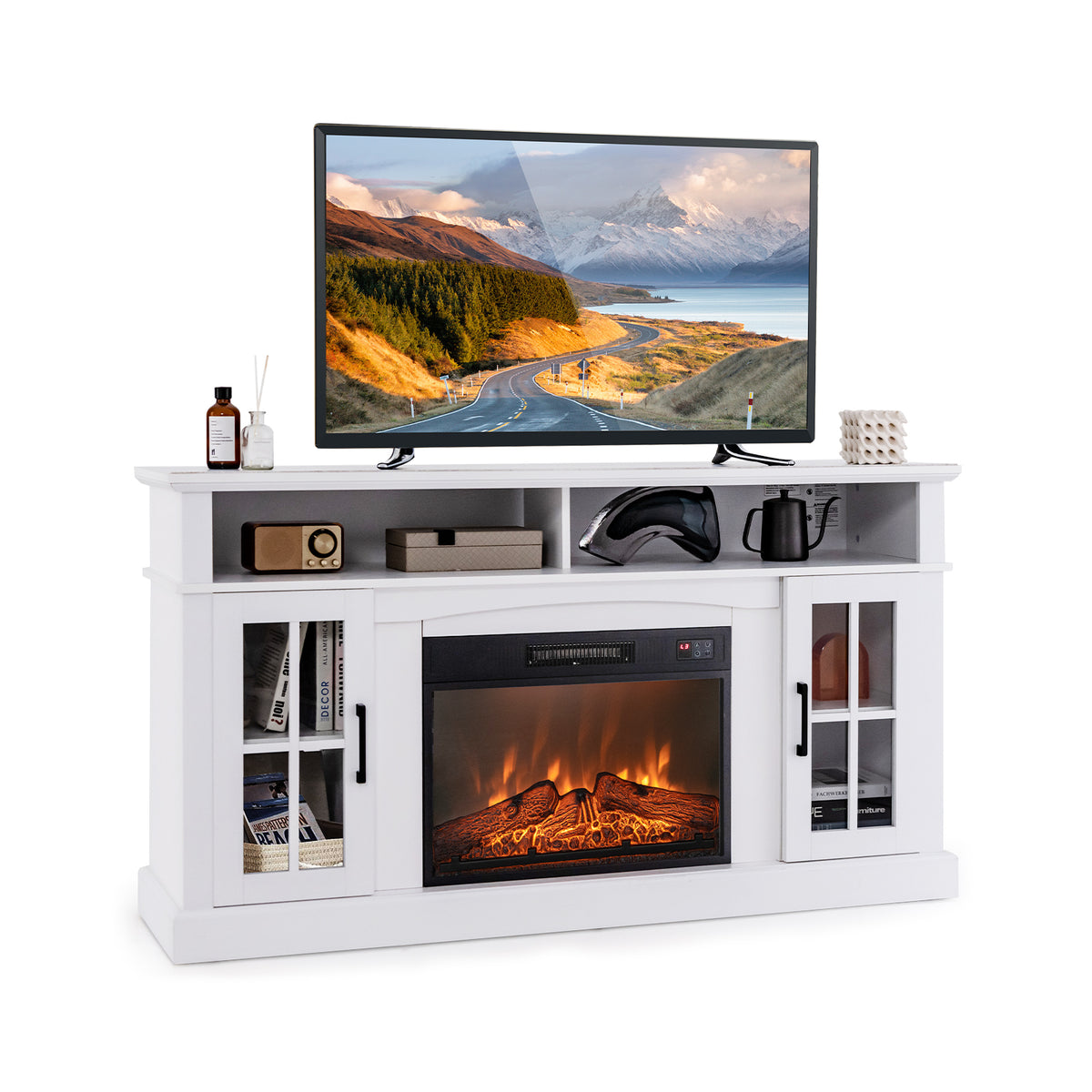 Fireplace TV Stand for 65-Inch TVs with Side Cabinets - White