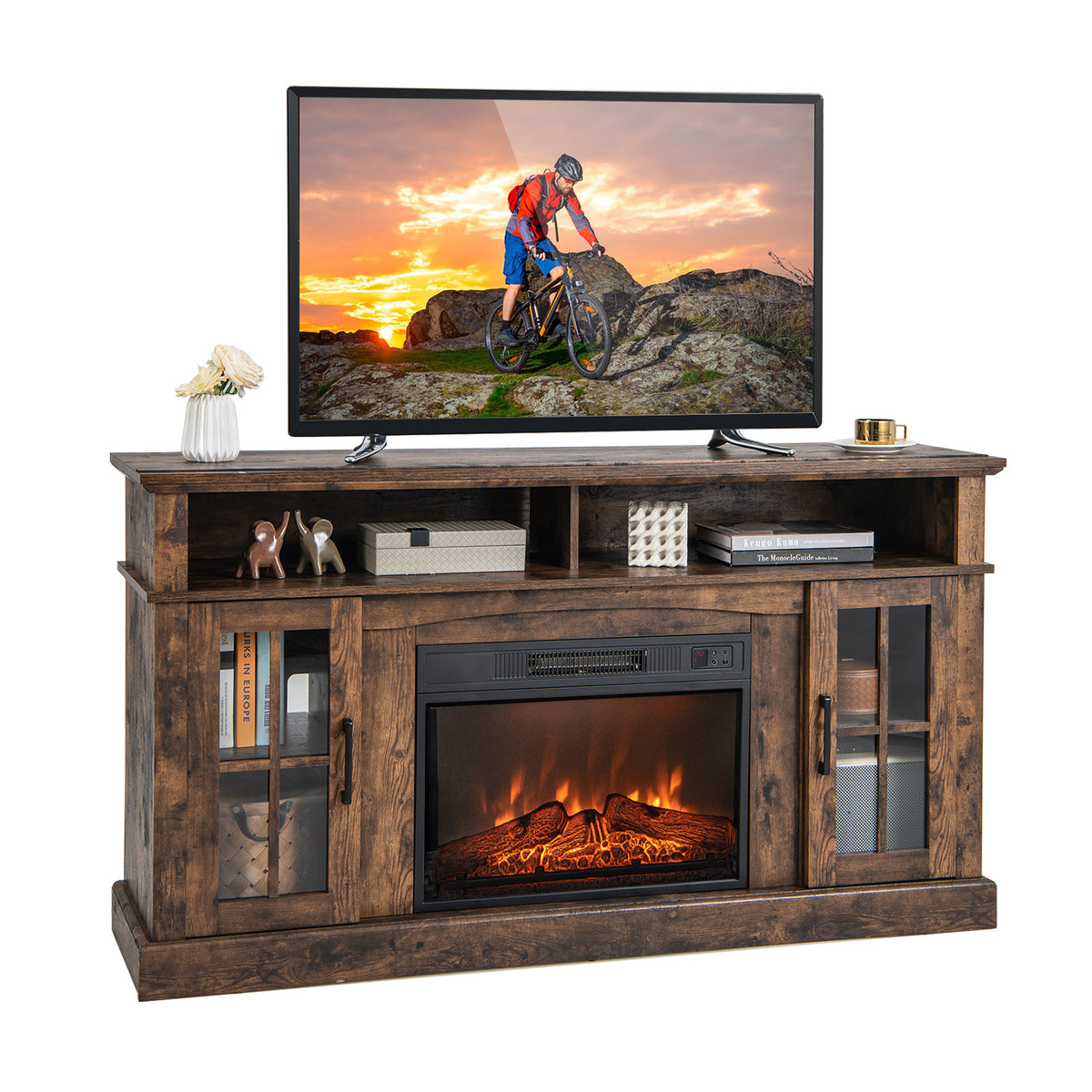Fireplace TV Stand for TVs Up to 65 Inch with Side Cabinets, Brown