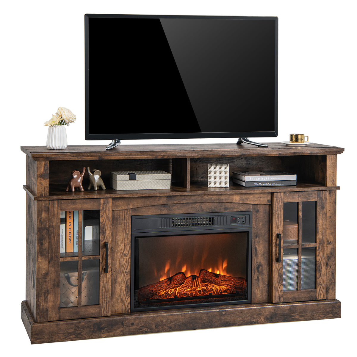 Fireplace TV Stand for TVs Up to 65 Inch with Side Cabinets, Brown