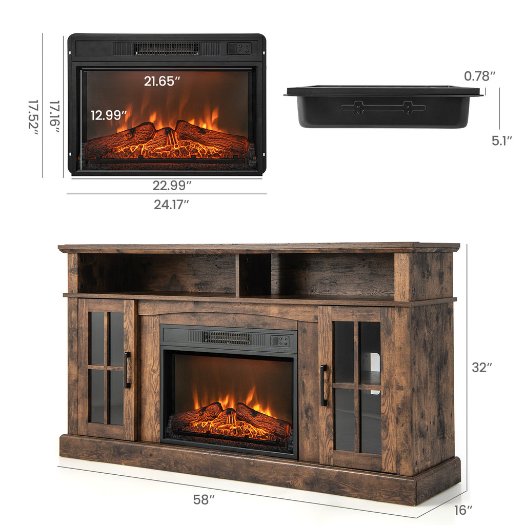 Fireplace TV Stand for TVs Up to 65 Inch with Side Cabinets, Brown