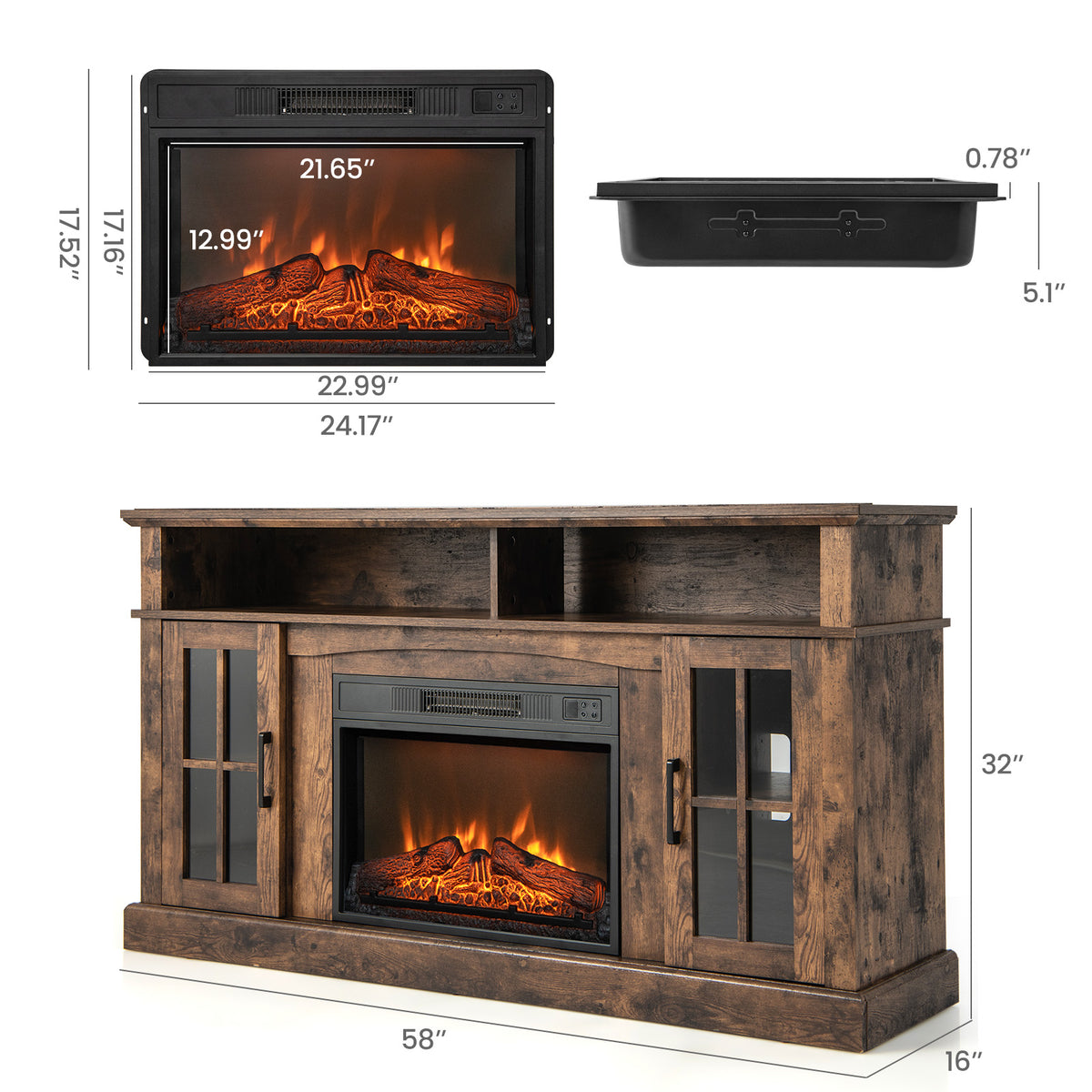 Fireplace TV Stand for TVs Up to 65 Inch with Side Cabinets, Brown