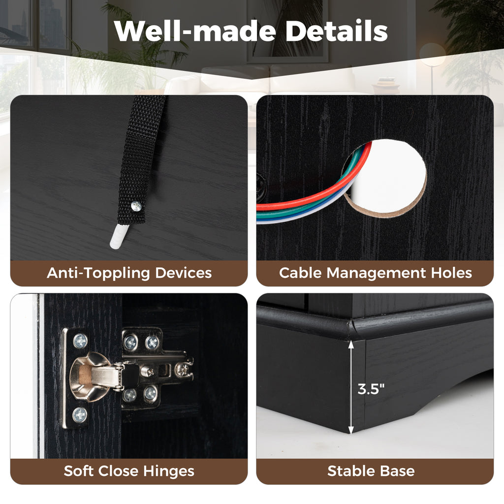 TV Stand with LED Lights and Remote Control - Fireplace Compatible, 50" - Black
