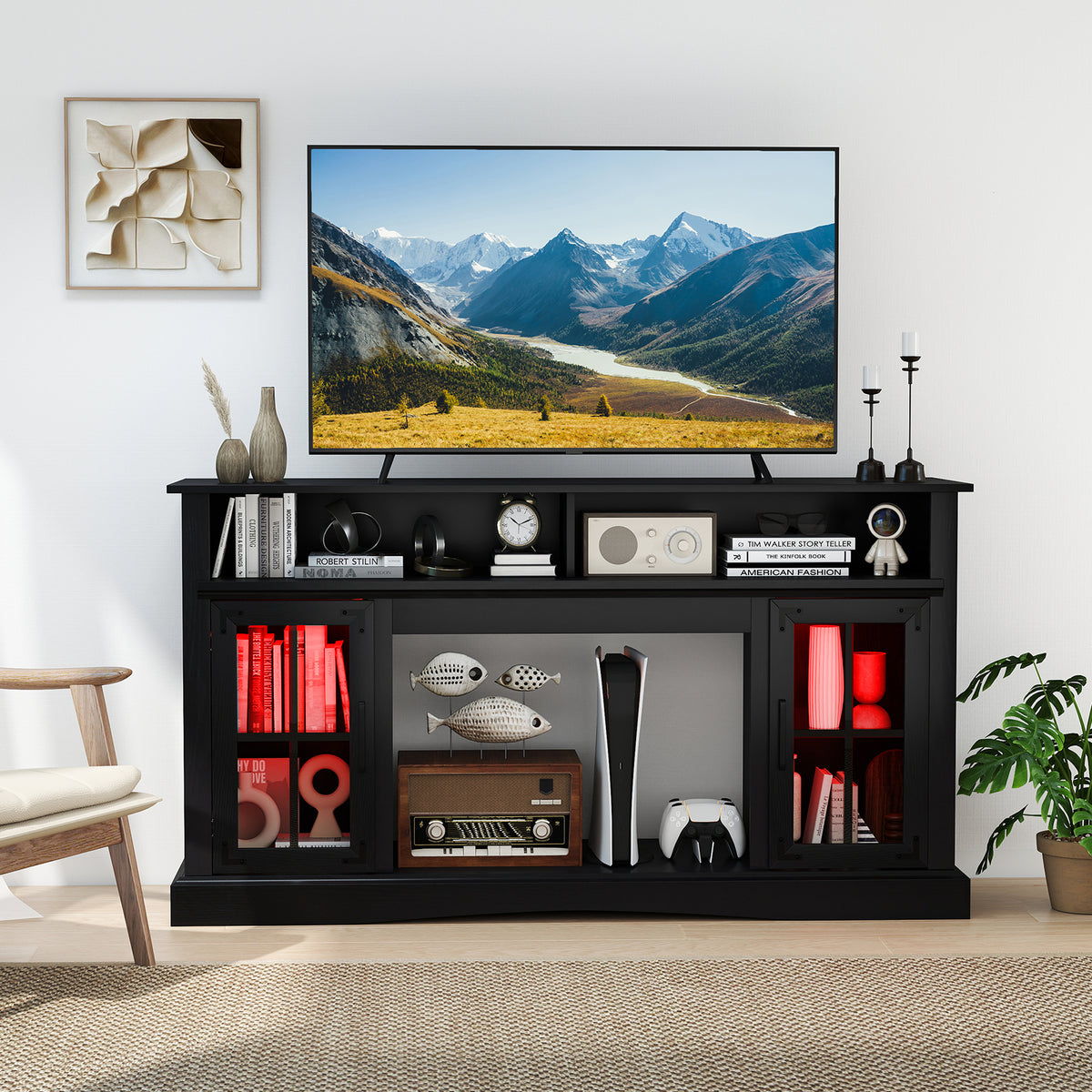 TV Stand with LED Lights and Remote Control - Fireplace Compatible, 50" White