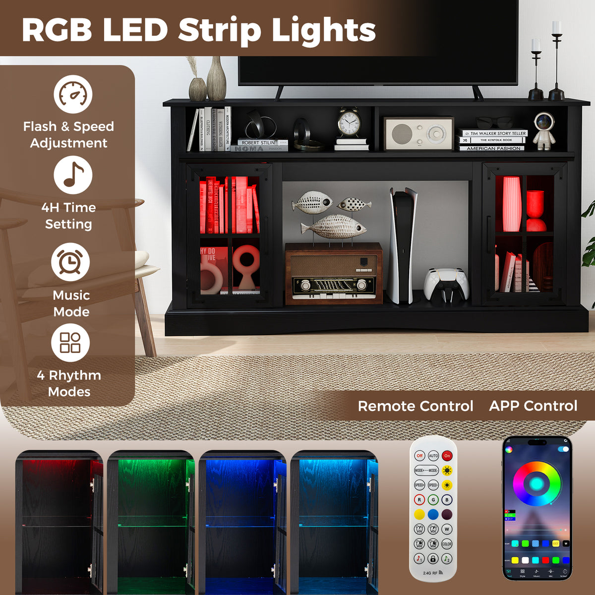 TV Stand with LED Lights and Remote Control - Fireplace Compatible, 50" - Black