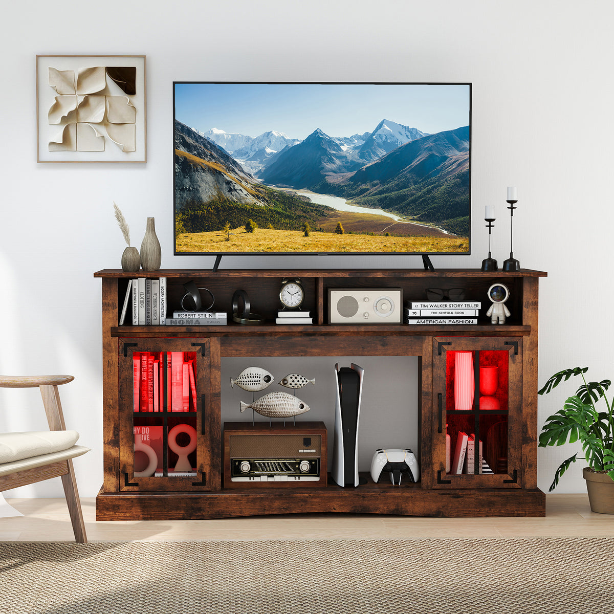 TV Stand with LED Lights and Remote Control – Fireplace Compatible for 50" TV, Rustic Brown