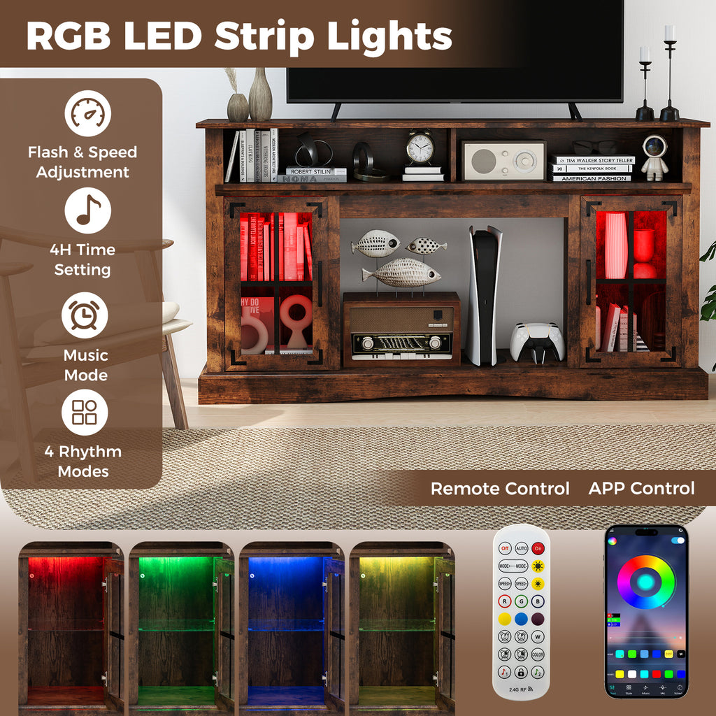TV Stand with LED Lights and Remote Control – Fireplace Compatible for 50" TV, Rustic Brown