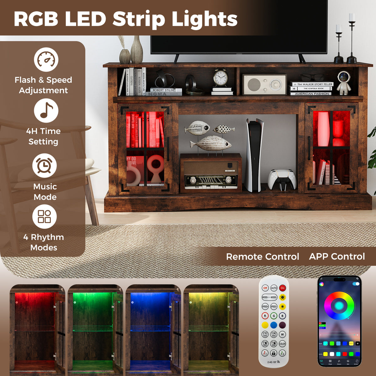 TV Stand with LED Lights and Remote Control – Fireplace Compatible for 50" TV, Rustic Brown
