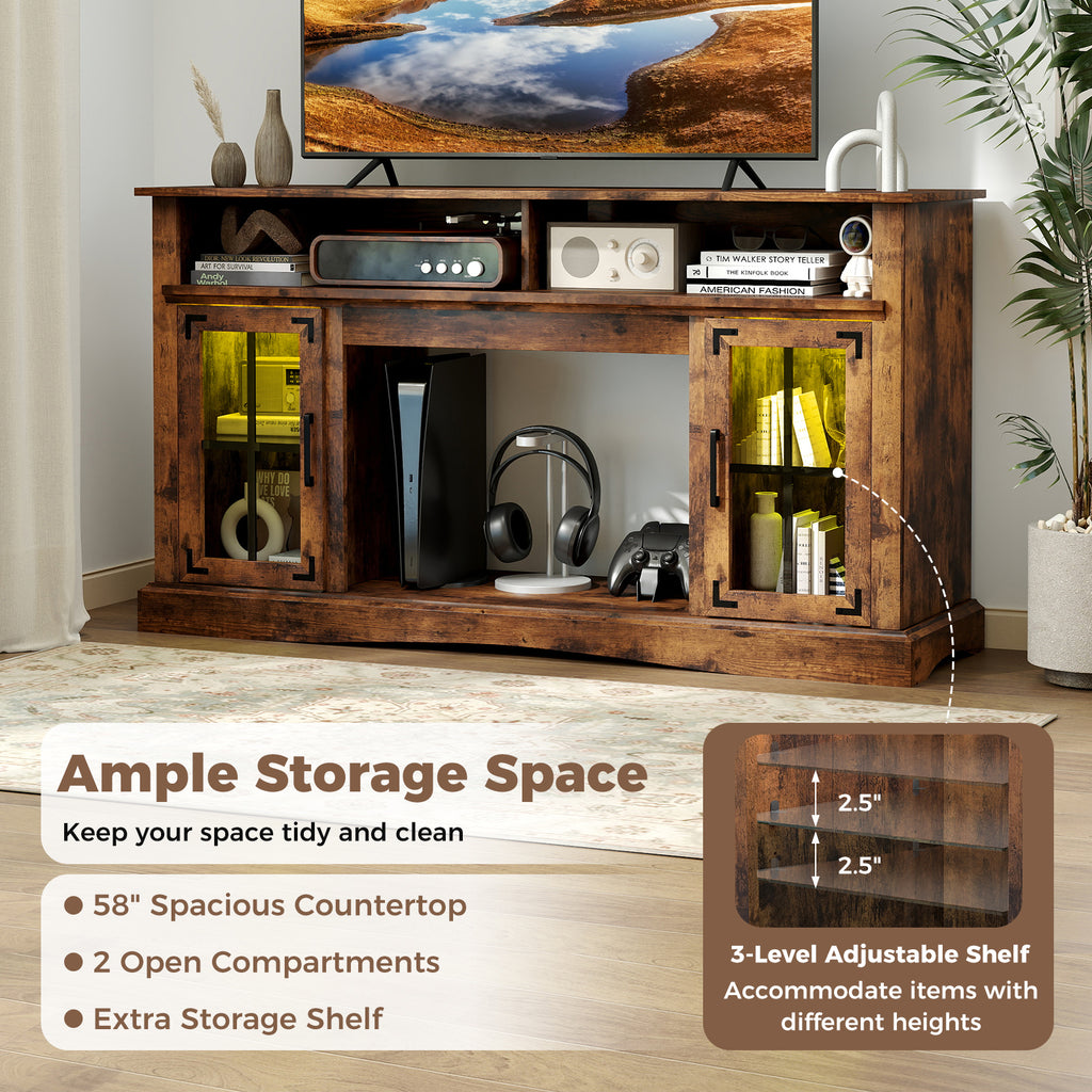 TV Stand with LED Lights and Remote Control – Fireplace Compatible for 50" TV, Rustic Brown