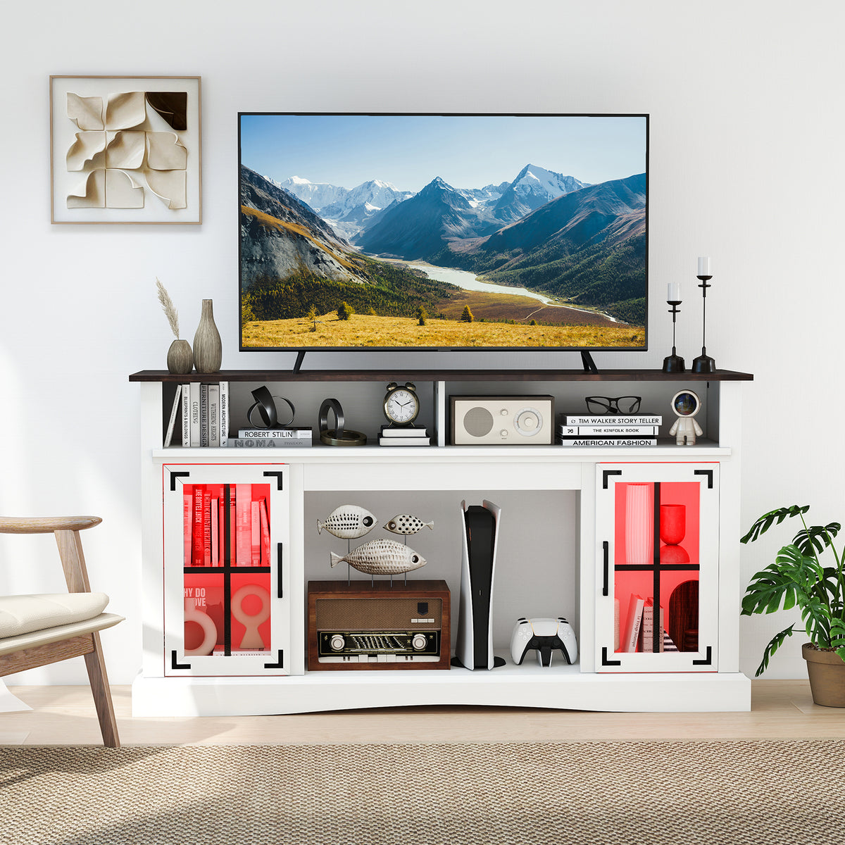 TV Stand with LED Lights and Remote Control - Fireplace Compatible, 50" TV, White