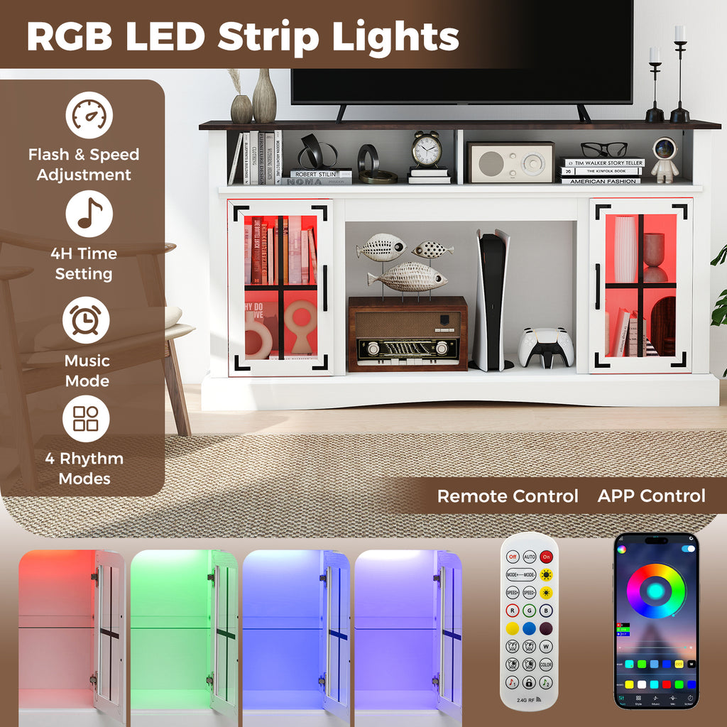 TV Stand with LED Lights and Remote Control - Fireplace Compatible, 50" TV, White