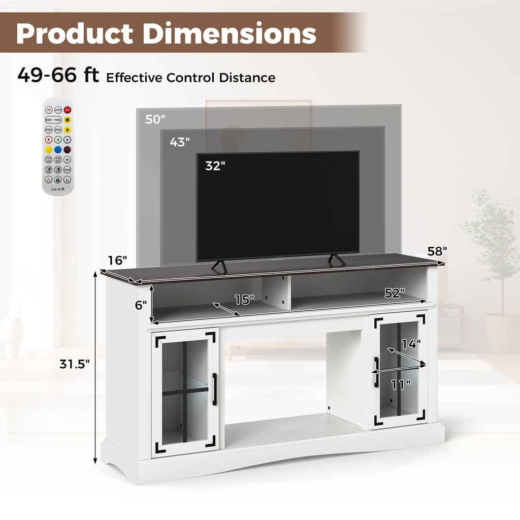 TV Stand with LED Lights and Remote Control - Fireplace Compatible, 50" TV, White