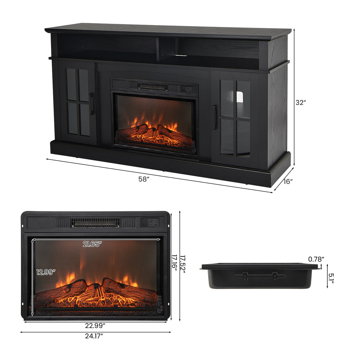 Fireplace TV Stand for 65-Inch TV with Side Cabinets - Black