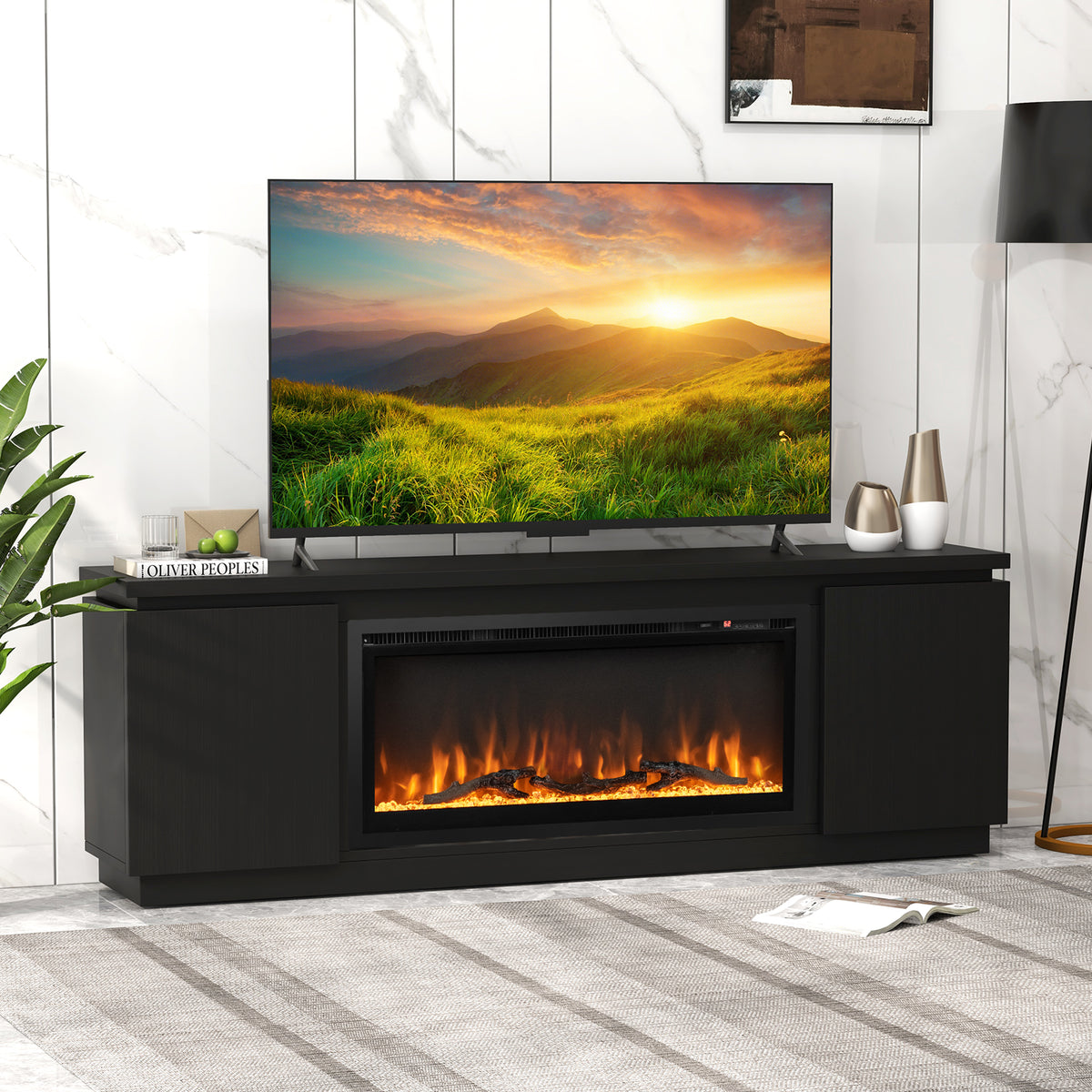 Fireplace TV Stand for 80" TVs with Adjustable Shelves - White