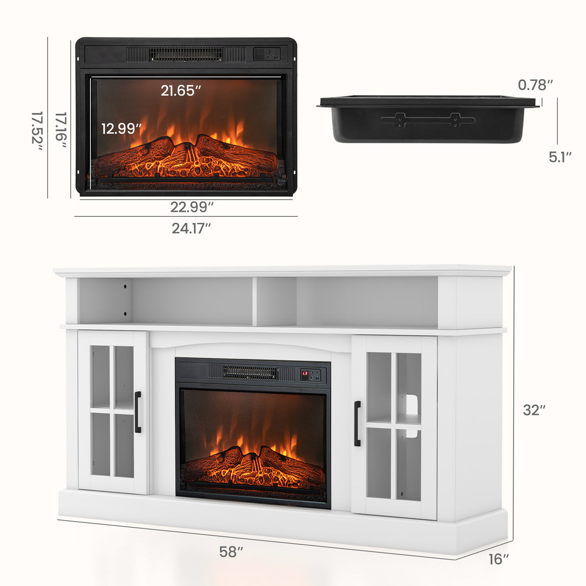 Fireplace TV Stand for 65-Inch TVs with Side Cabinets - White