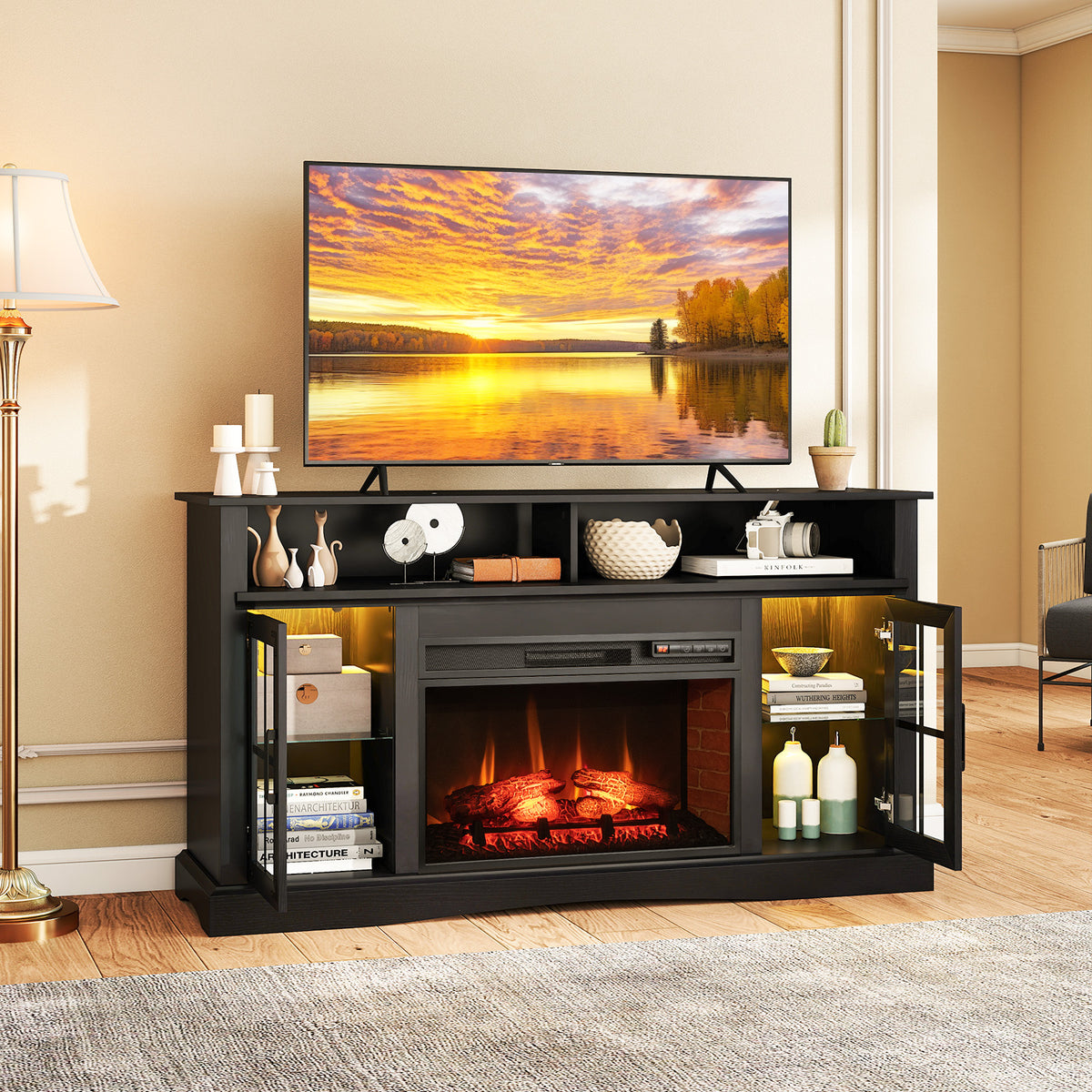 Fireplace TV Stand with Remote Control & Thermostat for 50" TV, Black