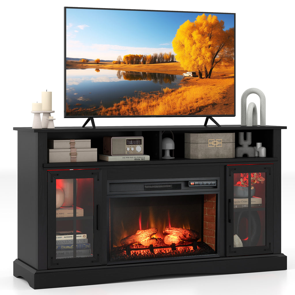 58" Fireplace TV Stand with LED Lights, Storage & Glass Doors - White