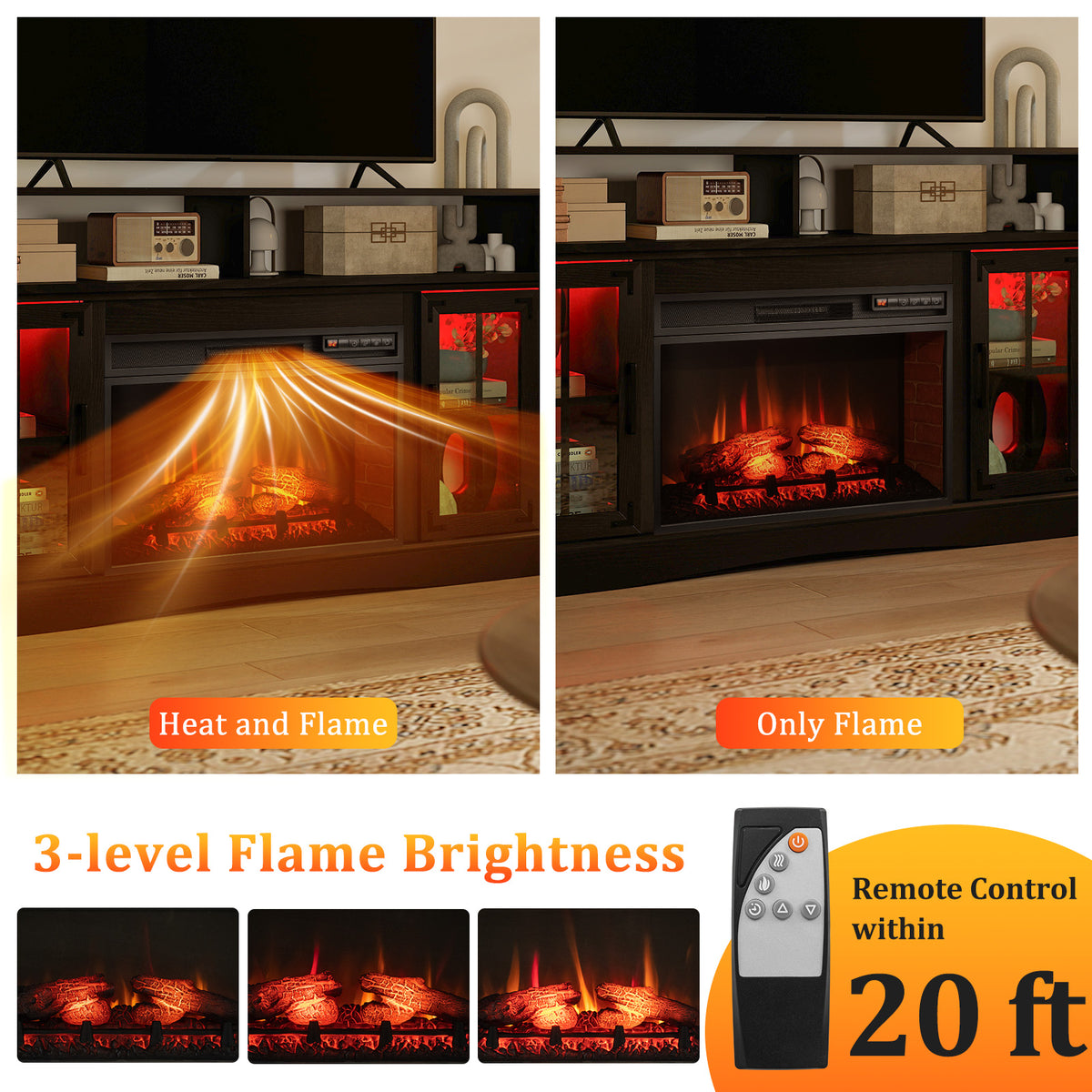 Fireplace TV Stand with Remote Control & Thermostat for 50" TV, Black