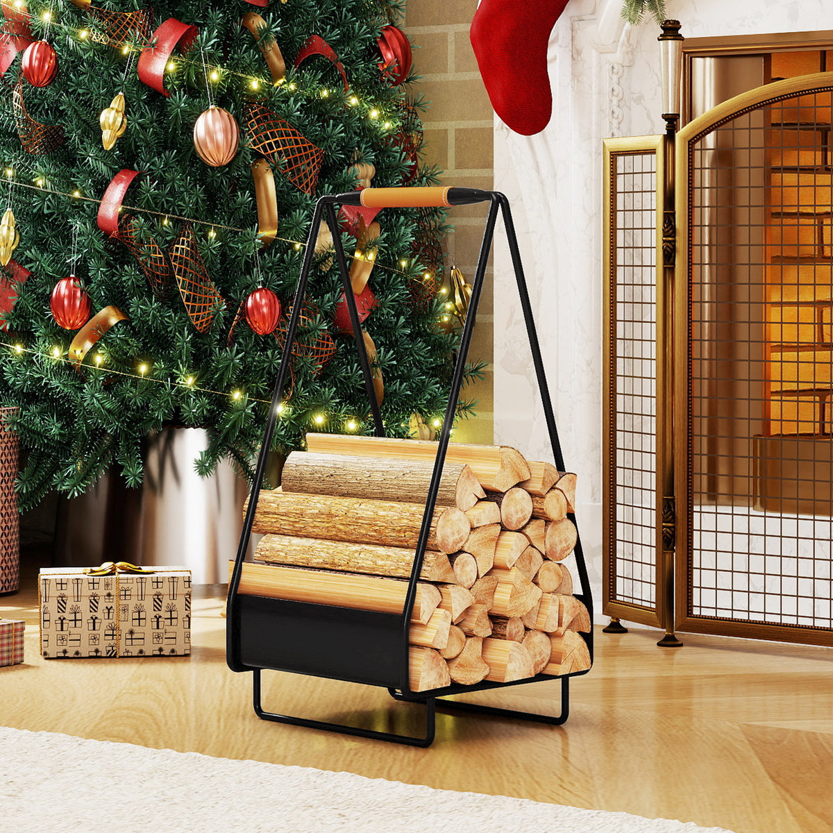 Heavy-Duty Firewood Storage Rack with Metal Frame & Handle