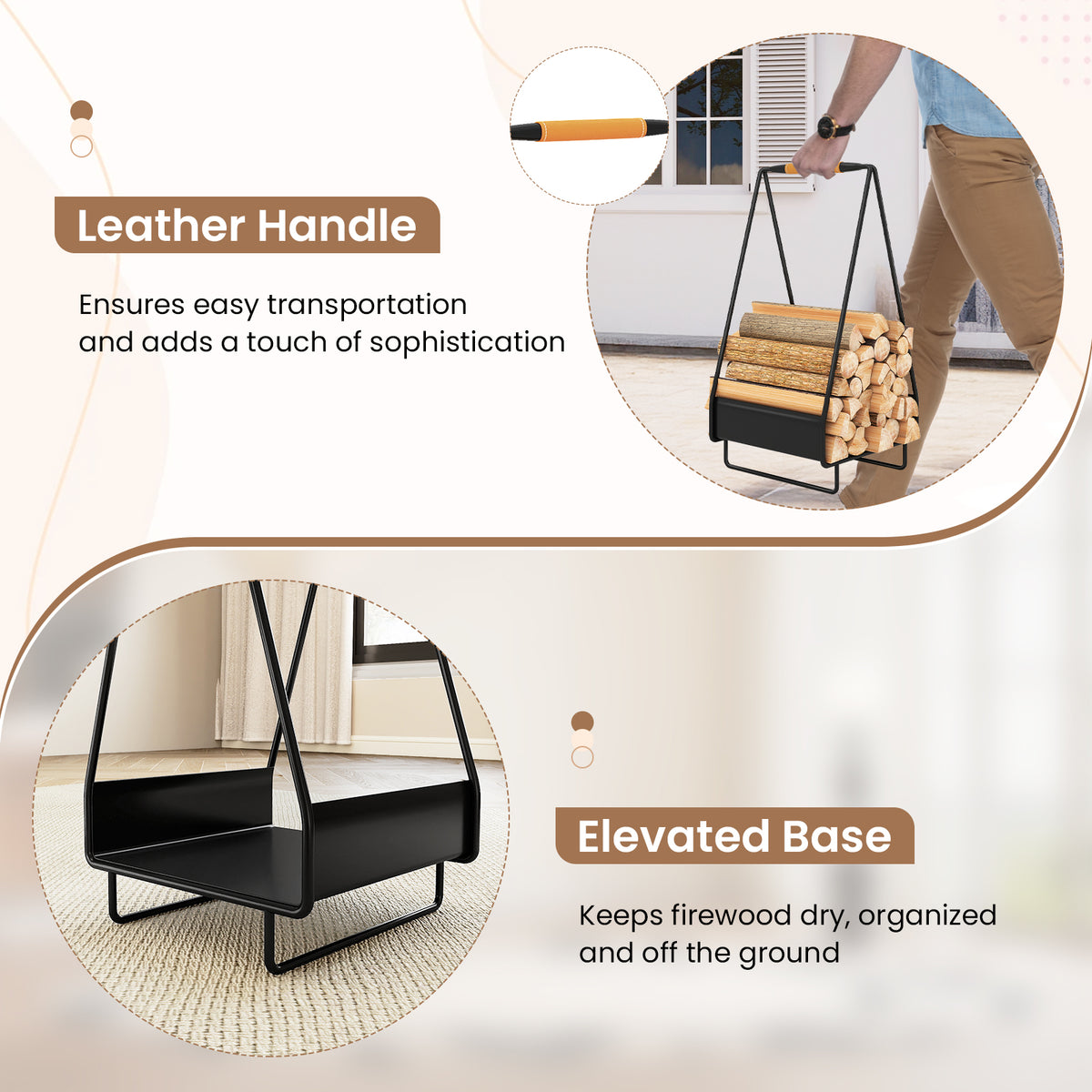 Heavy-Duty Firewood Storage Rack with Metal Frame & Handle