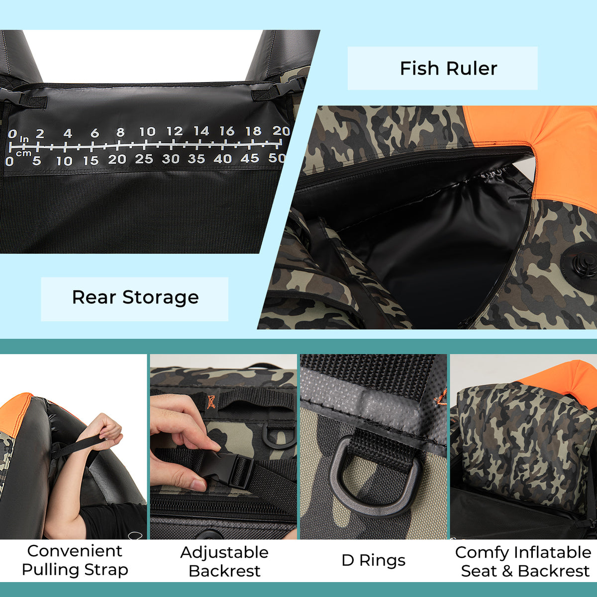 Portable Fishing Boat with 3 Waterproof Storage Boxes & Camouflage Design