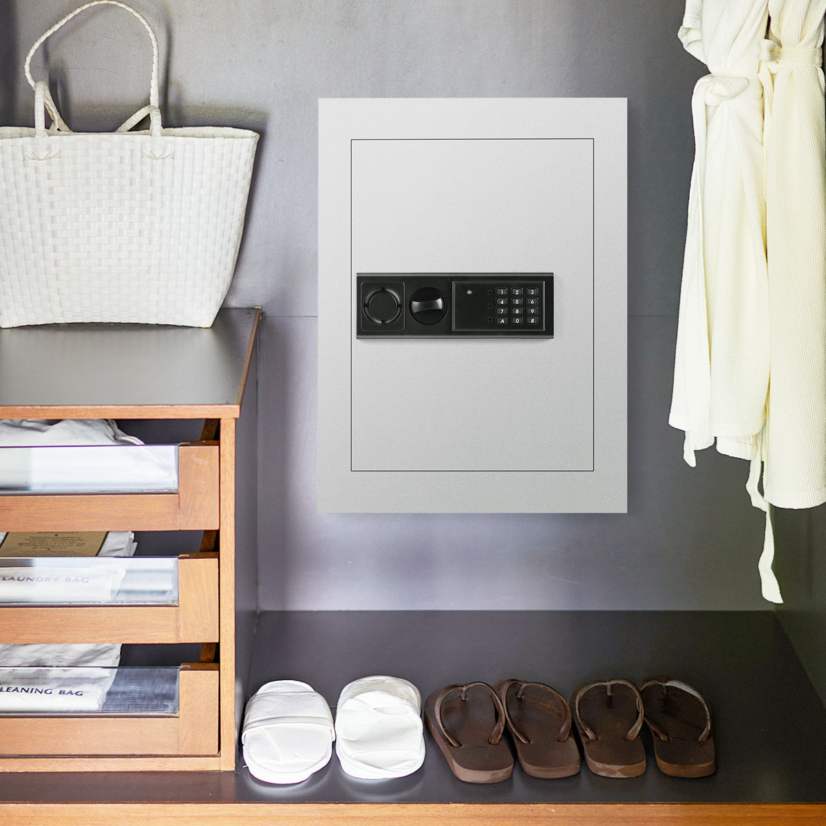 Digital Flat Recessed Wall Safe with PIN Lock - White