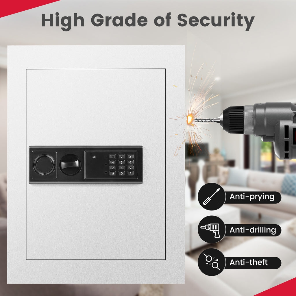 Digital Flat Recessed Wall Safe with PIN Lock - White
