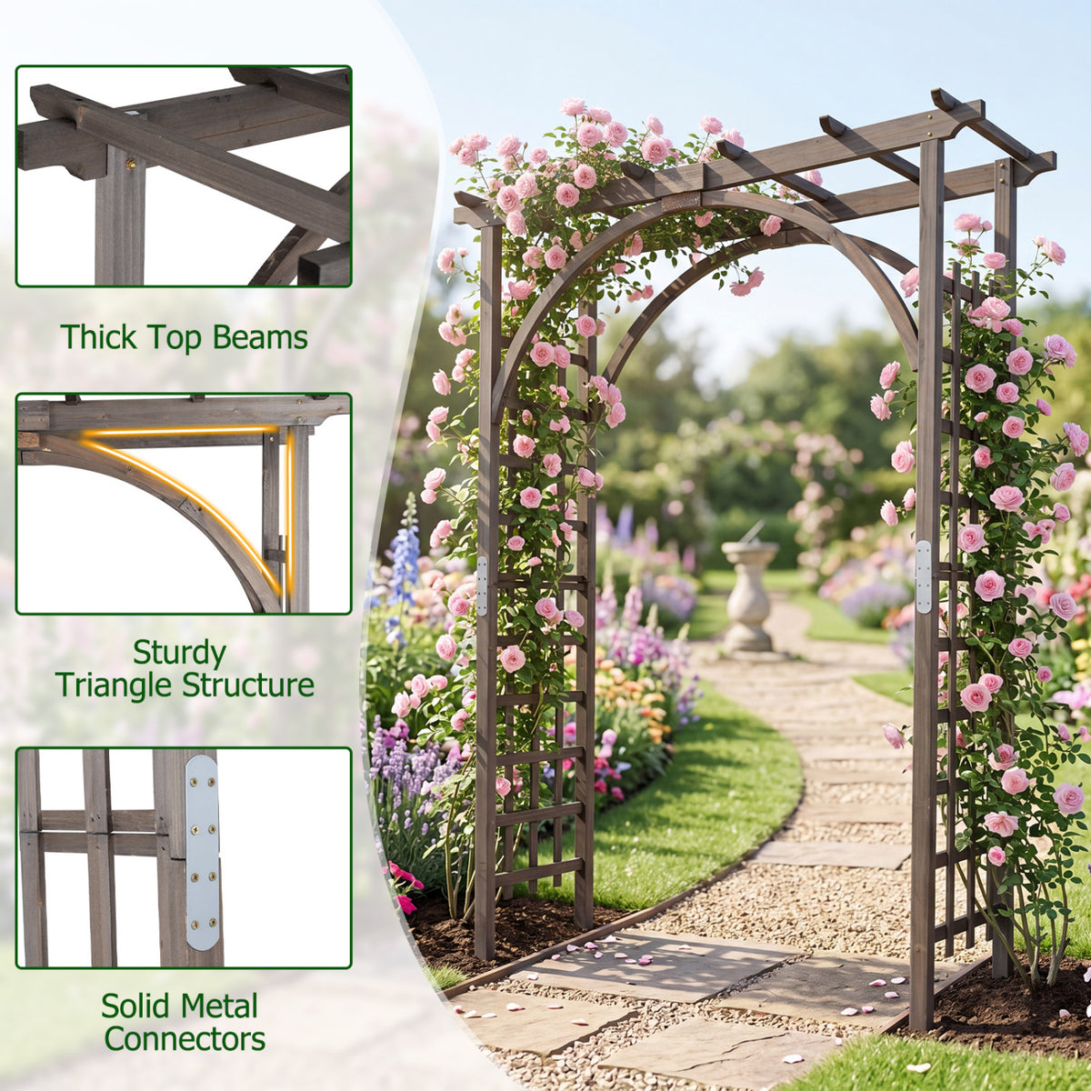 Flat Top Garden Arch Trellis 85" Tall Wood for Climbing Plants and