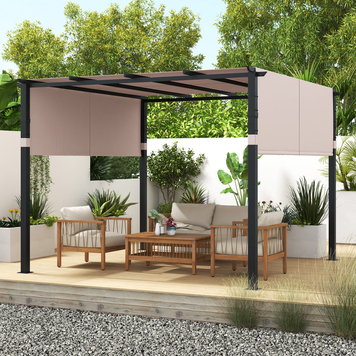 10x10 Retractable Canopy Pergola - Beige