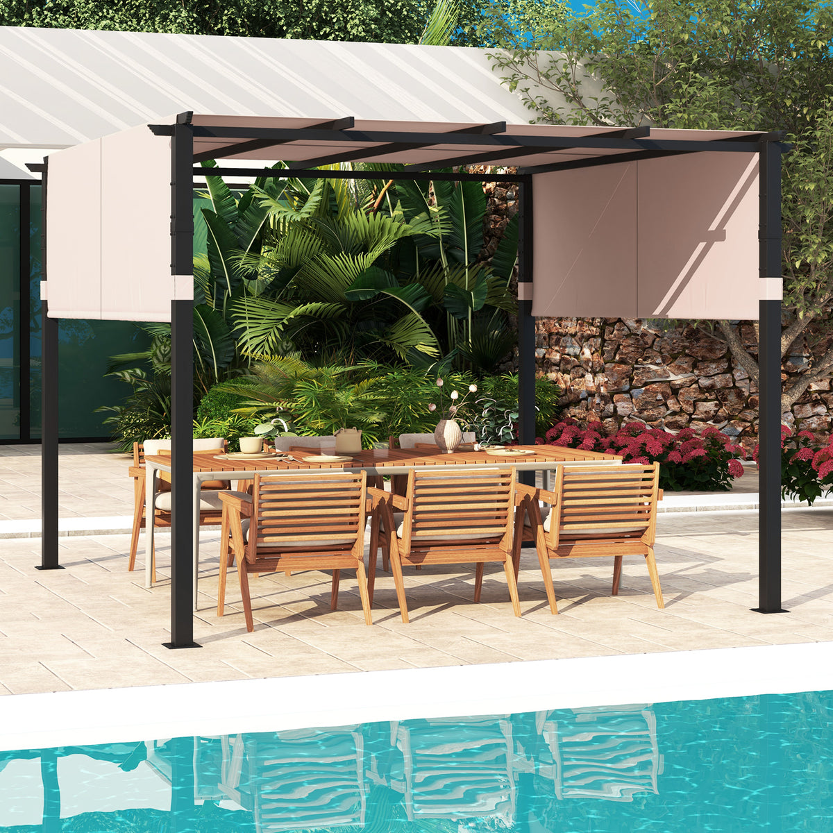 10x10 Retractable Canopy Pergola - Beige