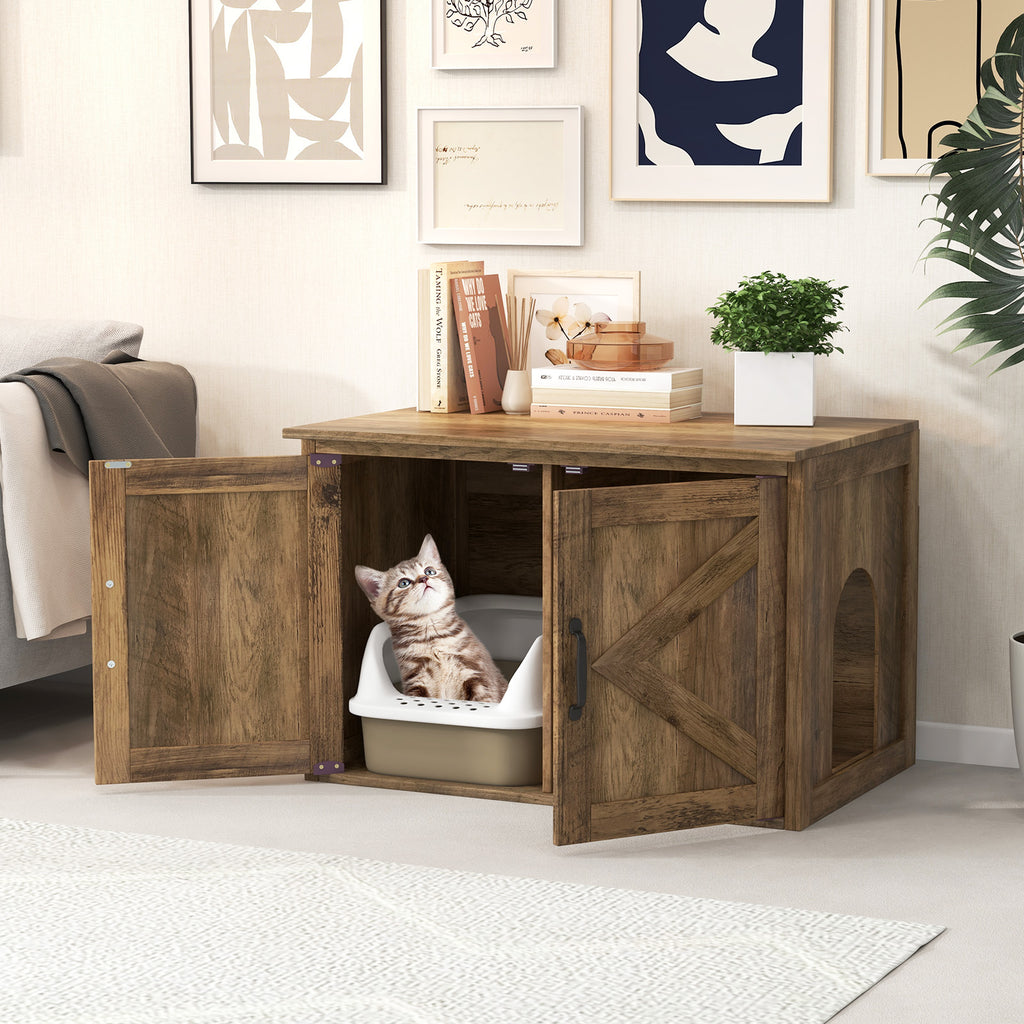Cat Washroom with Removable Divider - Flip Top Hidden Cat Furniture with Double Barn Doors