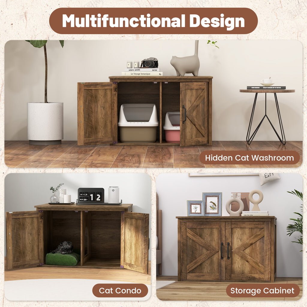 Cat Washroom with Removable Divider - Flip Top Hidden Cat Furniture with Double Barn Doors