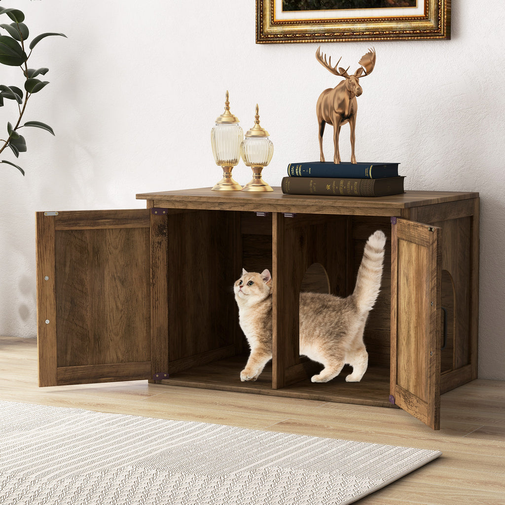 Cat Washroom with Removable Divider - Flip Top Hidden Cat Furniture with Double Barn Doors