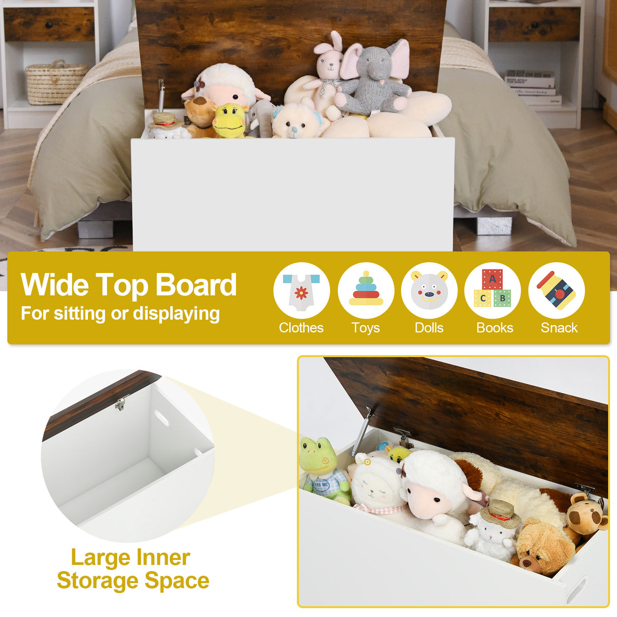 White Flip-top Storage Chest with Self-hold Cover and Pneumatic Rod - Kids Toy & Shoe Bench