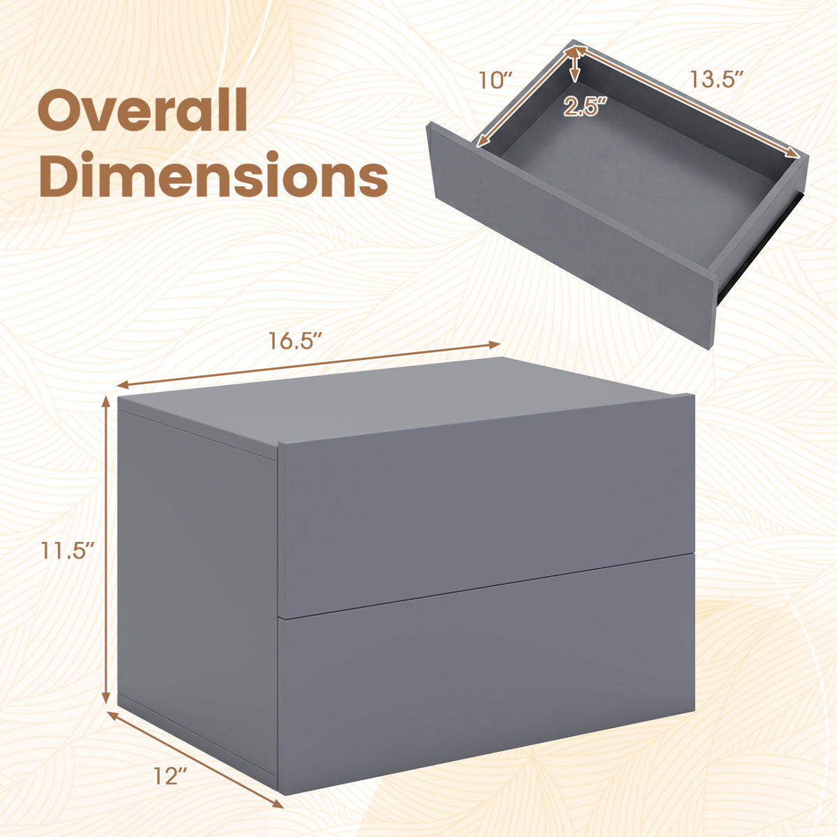 Floating Nightstand with 2 Drawers Wall Mounted - Gray