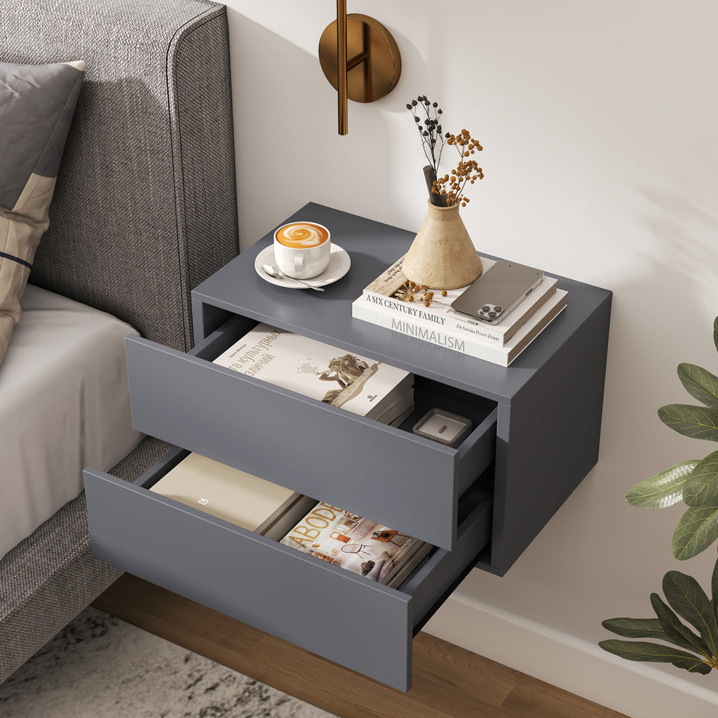 Floating Nightstand with 2 Drawers Wall Mounted - Gray