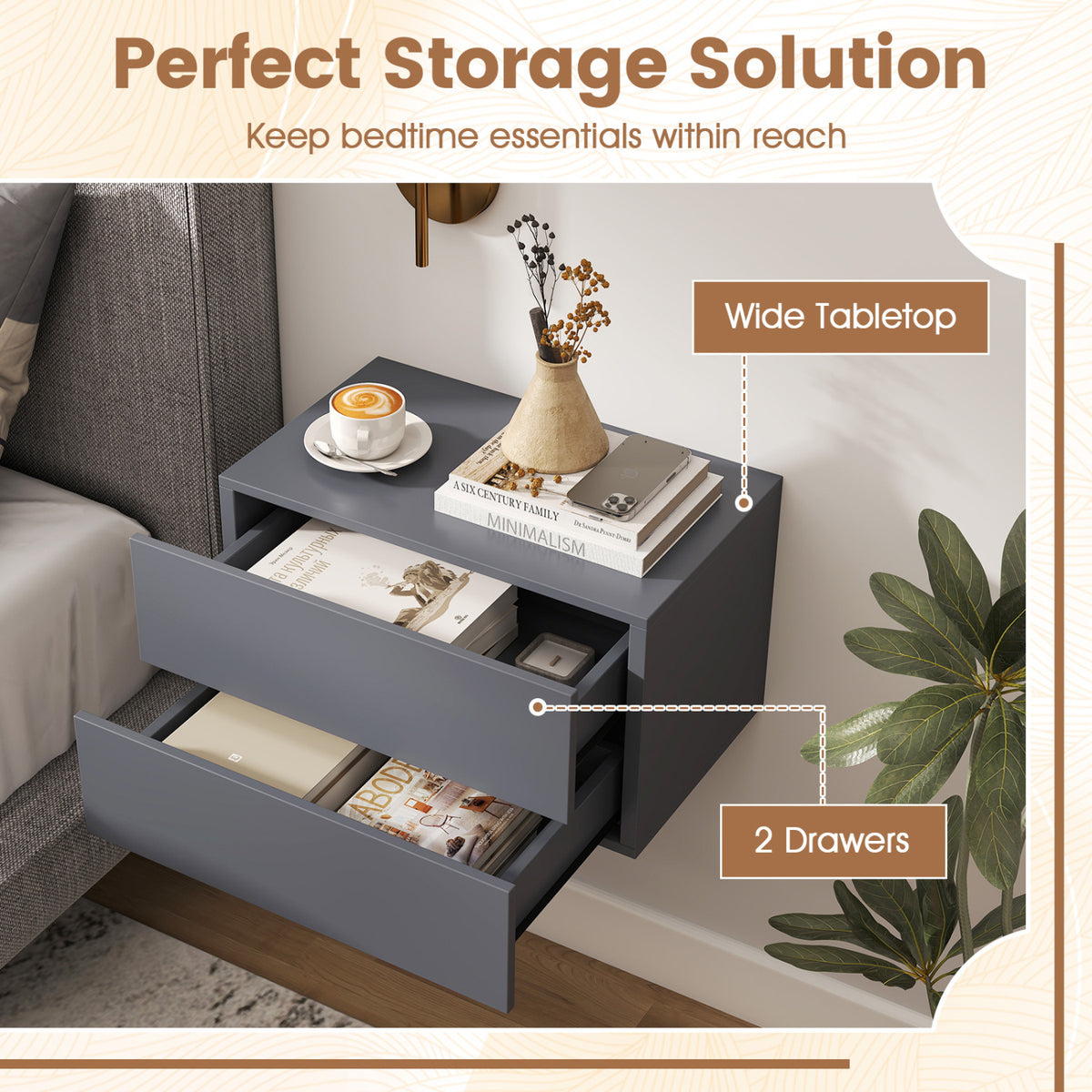 Floating Nightstand with 2 Drawers Wall Mounted - Gray